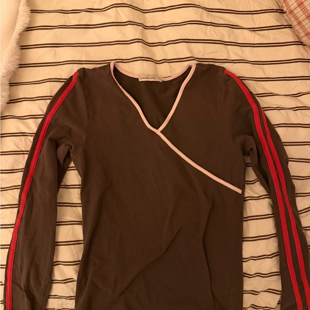 Paloma Wool Brown Long Sleeve Top with Red and Pink Accents
